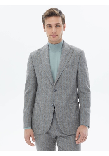 Gri Çizgili Modern Fit Yün Karışımlı Takım Elbise Gri