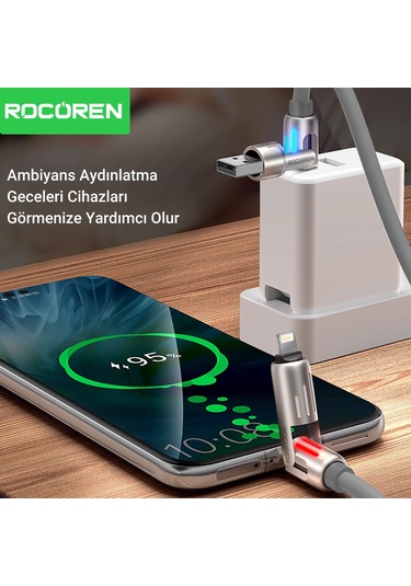 Rocoren 240w 4'ü 1 Arada Type-c / Usb-a / Lightning Gri Silikon Şarj Ve Data Kablosu 1.2 Metre