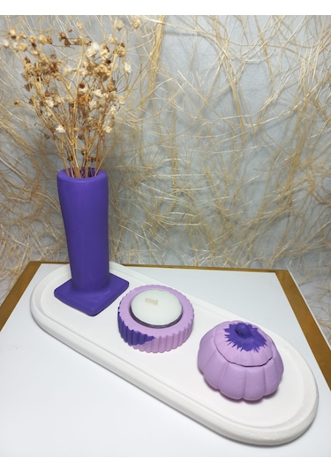 Tabaklı Sütun Vazolu, Minimal Mumluk Ve Balkabağı 4 Parça Set Beyaz Mor
