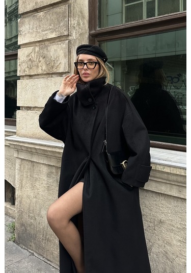 Siyah Vittoria Düğmeli Yaka Kaban - 2511 Siyah