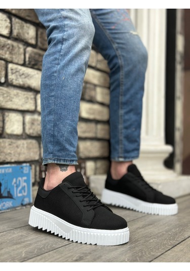 Pabucmarketi Bağcıklı Triko Erkek Ayakkabı Siyah Beyaz Taban Çok Renkli