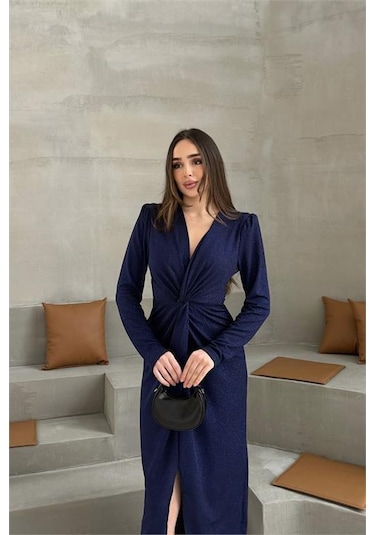 Neşeli Butik Kadın Mavi Anvelop Büzgülü Simli Premium Midi Elbise Nbelb08 Mavi