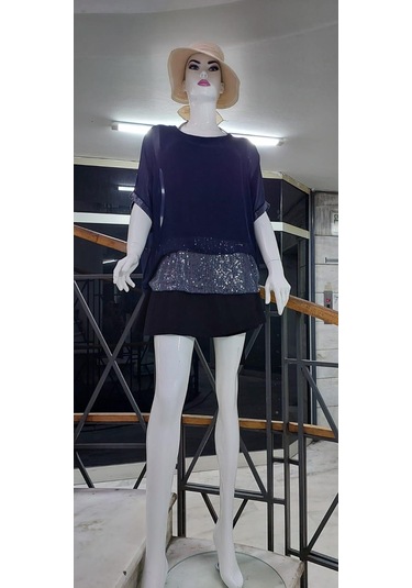 İtalyan Yarasa Kollu Payetli İpek Bluz-9248 Lacivert