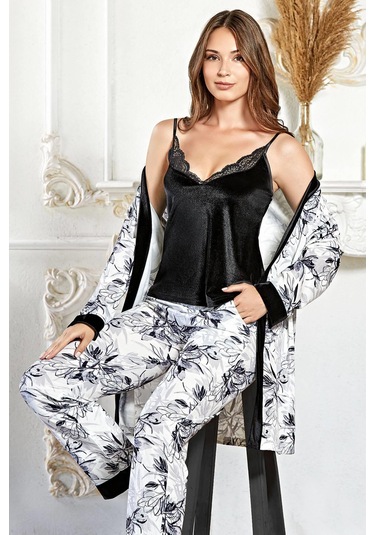 Kadın Sabahlıklı Kadife Üçlü Pijama Takım Çeyiz Fantazi Set Flz 31-93 YESIL