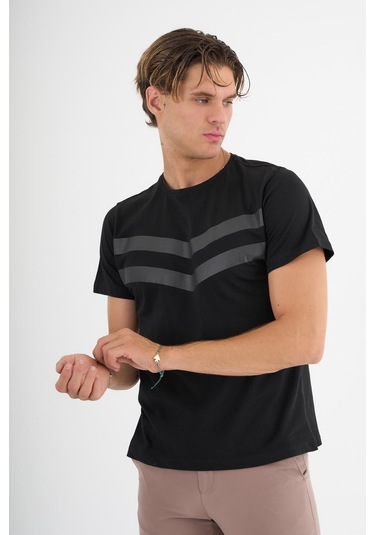 Erkek Siyah Baskılı %100 Pamuklu Standart Kalıp T-shirt Beyaz