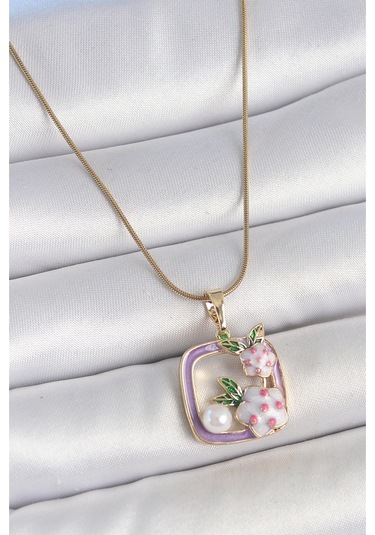 316l Çelik Gold Renk Zincir Mor Mineli Kare Model Çiçek İşlemeli İnci Detay Kadın Kolye Diğer