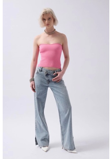 Straplez Dokulu Crop Pembe