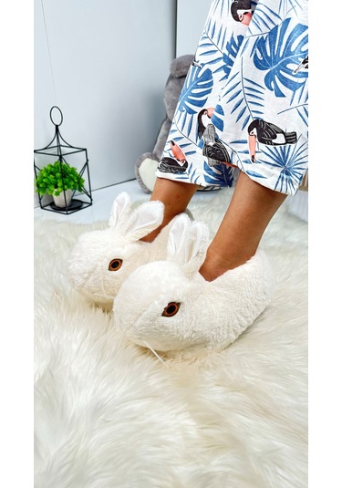 Kadın Panduf Tavşan Figürlü Peluş Ev Botu Desenli Düz Taban Rahat Hafif 359 Ekru