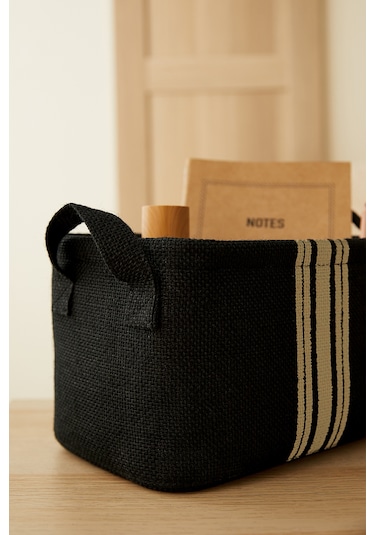 Ocean Home Textile Çizgili Siyah Renk Jüt Sepet 24 x 17 x 14 cm