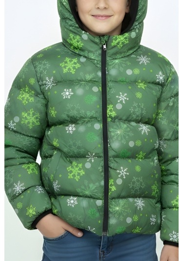 Erkek Çocuk İçi Polar Astarlı-kapüşonlu-desenli-fermuarlı Mont 12361 Mint