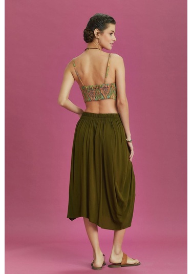 Rahat Kesim Geniş Pileli Haki Anvelop Midi Etek Haki