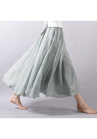 Kadın Zarif Yüksek Bel Keten Maxi Etek Yaz Bayanlar Rahat Elastik Bel 2 Katmanlar Etekler Saia Feminina Mavi