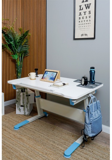 Sirius Simple Yükseklik Ve Eğim Ayarlı, Bilgisayar Ve Ofis Masası, Modern Ekru Çalışma Masası Mavi Gri