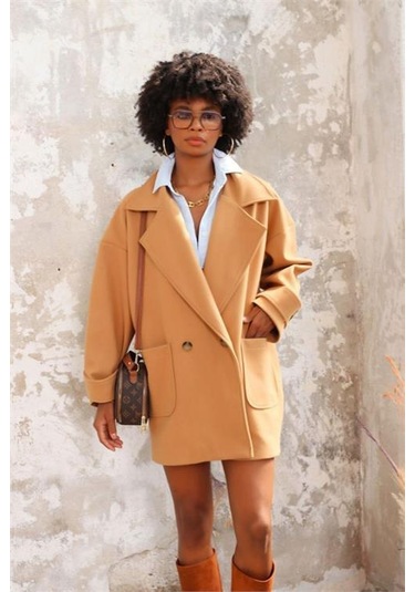 Dip Moda Kadın Camel Kolu Kemerli Kaşe Kaban Dpnbasp6767 Camel