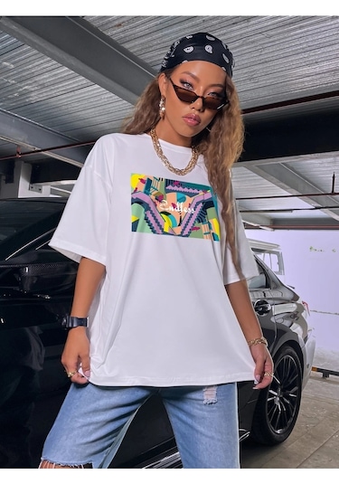 Kadın Beyaz Oversize Pamuk Baskılı T-shirt Beyaz