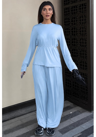 Madmext Mavi Likralı Modal Şalvar Takım Mg2784