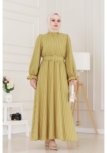 Kolu Volanlı Kemerli Henna Elbise-hardal-5061 Hardal