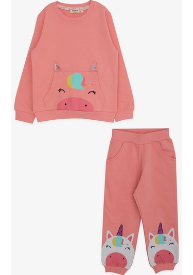 Breeze Kız Çocuk Eşofman Takımı Unicorn Baskılı 1-4 Yaş, Pudra-pudra Pudra