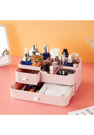 Youtek Masaüstü Makyaj Ve Bakım Ürünleri Depolama Kutusu - Çekmeceli Plastik Organizer - Basit Tasarım - Pembe Pembe