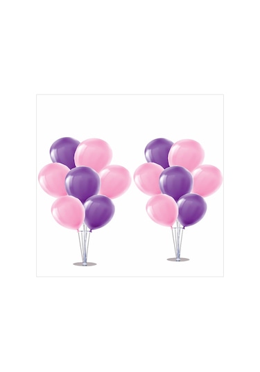 2 Adet Ayaklı Balon Standı 7li Set, 14 Adet Mor, Pembe Balon Çok Renkli
