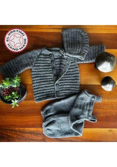 Uretti - Talia 8659 - El Örgüsü Erkek Çocuk Tulum - Hırka - Şapka Takım - 2 Yaş Gri