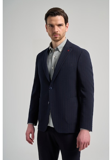 Çizgili Desen Gofreli Mono Yaka Esnek 6 Drop Slim Fit Ceket 1002250122 Koyu Lacivert