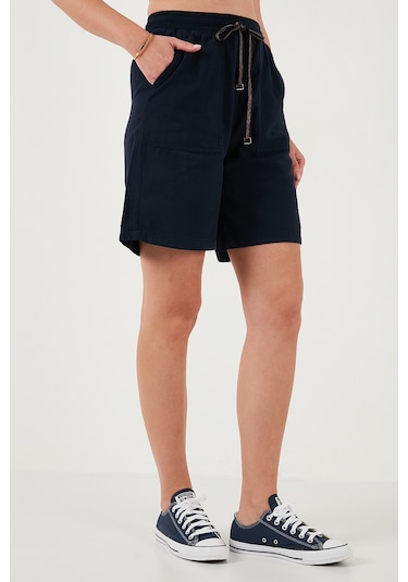 Lela Pamuklu Relaxed Fit Yüksek Bel Cepli Mini Bayan Şort 668Yp5384 Lacivert