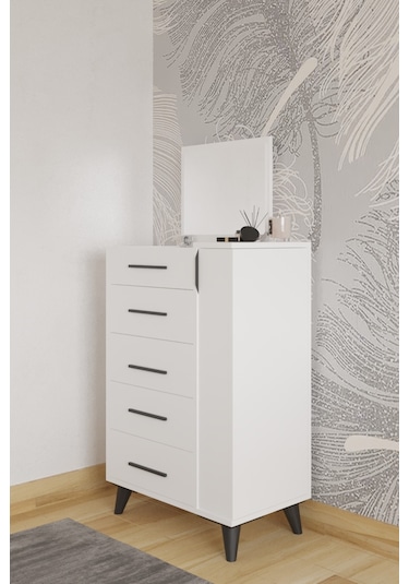 Rose Aynalı Makyaj Masası, Şifonyer, Etijer, Çok Amaçlı Takı Dolabı, Beyaz Beyaz