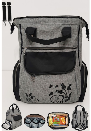 Bebek Bakım Çantası Organizatör Fonksiyonel Termal Anne Bebek Bakım Sırt Çantası Lale Gri Siyah Gri - Siyah