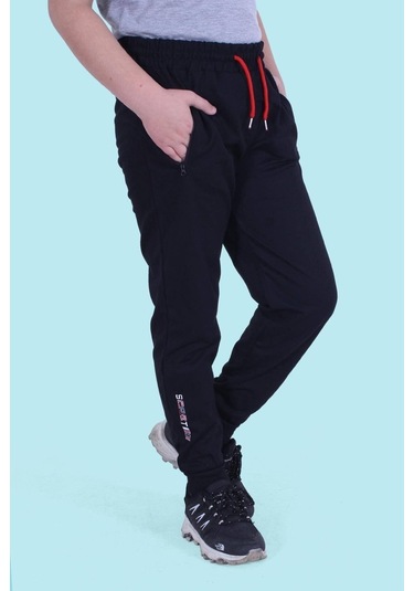 Fermuar Cep Detaylı, Yazı Baskılı Erkek Çocuk Eşofman Altı Siyah