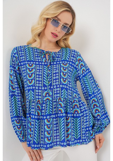 Kadın Desenli Uzun Kol Bluz 970 - Saks Saks