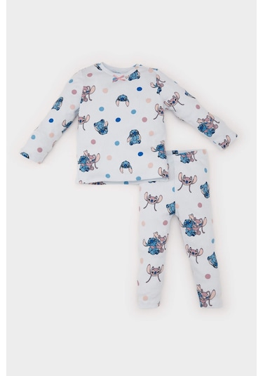 DeFacto Kız Bebek Pijama Takımı Disney Lilo & Stitch Bisiklet Yaka Uzun Kollu Fitilli Kaşkorse Üst Beli Lastikli Uzun Alt D5373A524WNBE61 Mavi