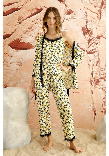 Sabahlıklı Dantel Detaylı Pegasus Kadın Pijama Takımı-çeyizlik Takım- Geniş Beden Aralığı Sarı
