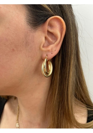 Altın Nesil - 14 Ayar Altın Çift Halka Kalın Boru Yuvarlak Küpe Altın - Beyaz Altın