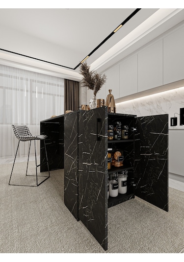 Asra Trend Mutfak Adası MA-04 %100 MDF Dolaplı Yemek ve Bar Masası Royal Mermer