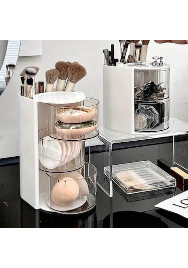 Dashanshop Pembe 2 Katlı Döner Pudru Süngeri Saklama Kutusu Makyaj Fırçası Organizer Pembe