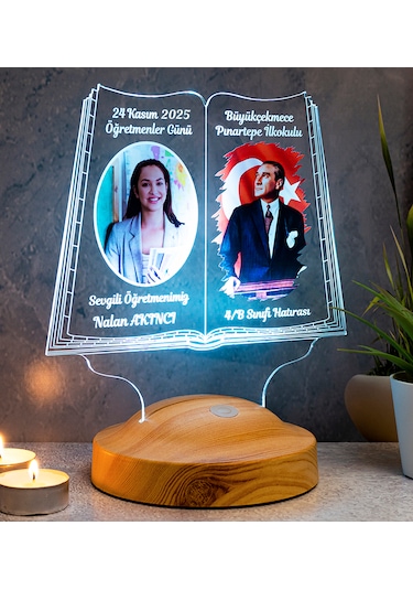 Öğretmene Hediye Renkli Öğretmen Resmi Baskılı Renklendirilmiş Atatürk Görselli 24 Kasım Hatırası Led Lamba Çok Renkli