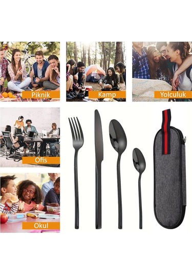 Valkyrie Çantalı Yolculuk Çatal Kaşık Bıçak Seti Kişiye Özel 1. Sınıf Paslanmaz Çelik Ofis Okul Kamp Restaurant C3404 Siyah