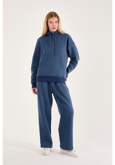 Rocqerx Q-1001 Q-4008 Kapüşonlu Sweat Bel Lastikli Pantolon Üç İplik Şardonlu Takım İndigo