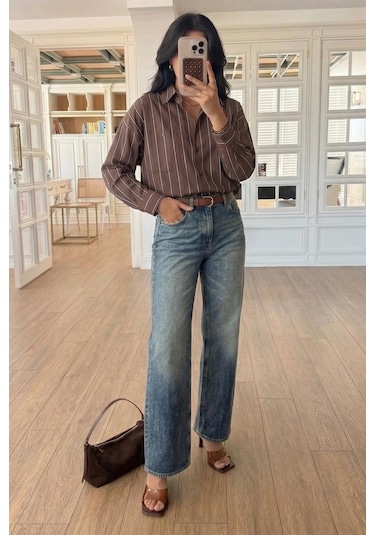 Lijuri Çizgili Oversize Kesim Gömlek 3505 Kahverengi