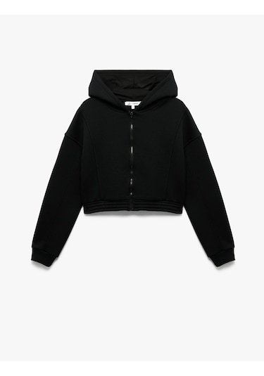 Koton Şardonlu Uzun Kollu Fermuarlı Kapüşonlu Oversize Sweatshirt Siyah 6wal10307ık Siyah