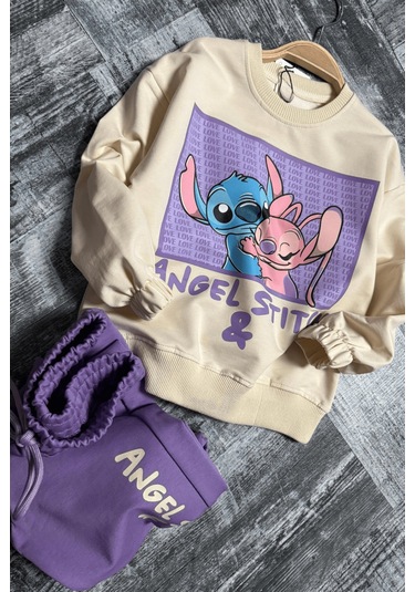 3-10 Yaş Stitch Love Baskılı Cepli Kız Çocuk Takım Lila Lila
