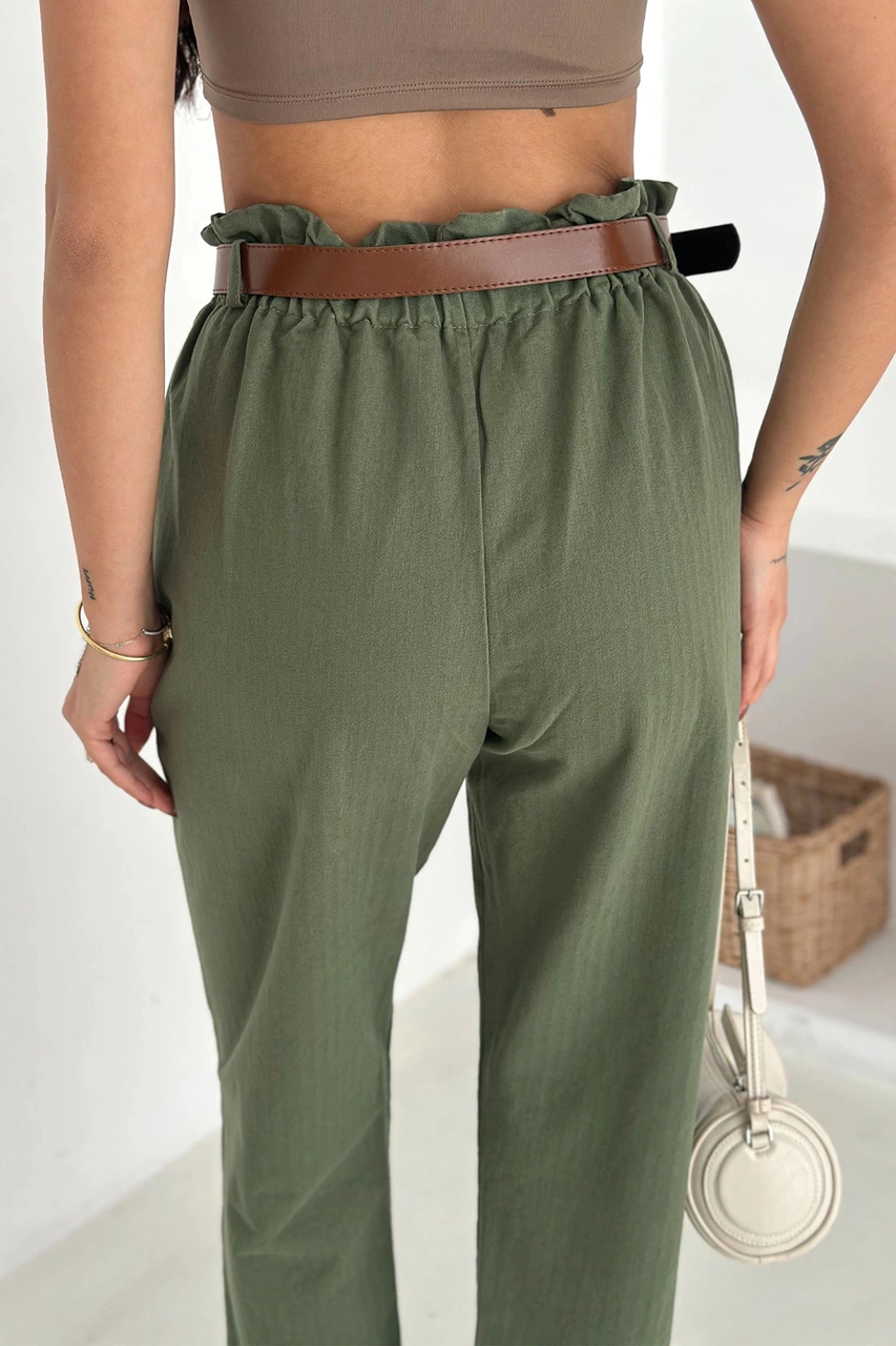 Yıkamalı Pamuk Yağmur Gabardin Yüksek Bel Pantolon Haki Haki