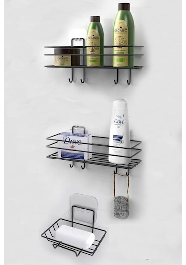 Siyah Yapışkanlı Metal Kancalı Raf Ve Sabunluk Seti Banyo Ve Mutfak Rafı Siyah