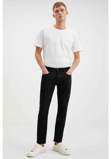 Herman Erkek Kalın Dokulu Slim Fit Dar Kalıp Boru Paça Organik Pamuklu Siyah Jeans