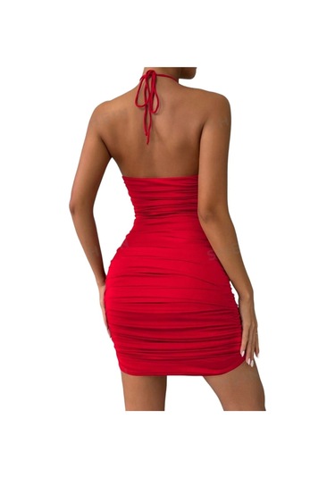 Gül Detaylı Göğüs Dekolteli Yanlardan Büzgülü Bodycon Elbise Kırmızı