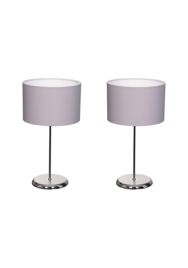 2 Adet Gri Kumaş Şapkalı Krom Kaplamalı Metal Ayak Abajur Siyah