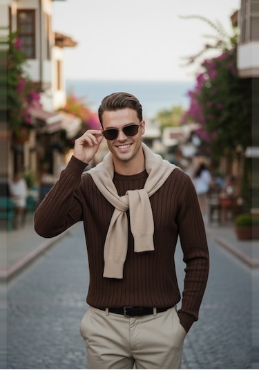 Deepsea Erkek Kahve Rahat Kalıp Çizgi Dokulu Triko Kazak Şık & Modern Tasarım 2605432 Kahve