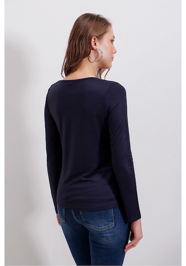 WeShaya Kadın Lacivert Günlük Stil Basic Kare Yaka Uzun Kol Bluz Lacivert