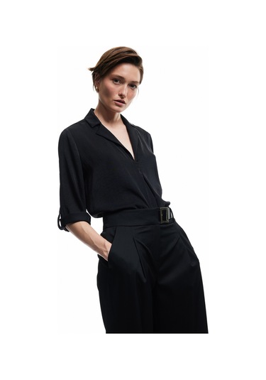 Koton Ceket Yaka Katlama Detaylı 3/4 Kollu Saten Bluz Siyah 6wak60004pw Siyah